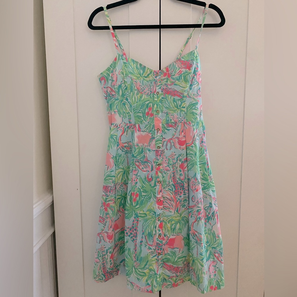 Lilly Pulitzer Size 4 Green & Pink Safari Print Dress with Spaghetti Straps